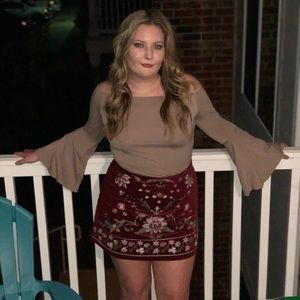 Burgundy Embroidered Corduroy Mini Skirt